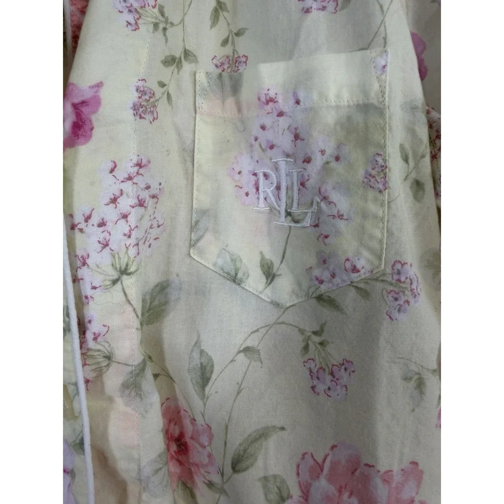 Lauren Ralph Lauren Pajama Set Womens M Yellow Floral Cotton Embroidered‎ Logo